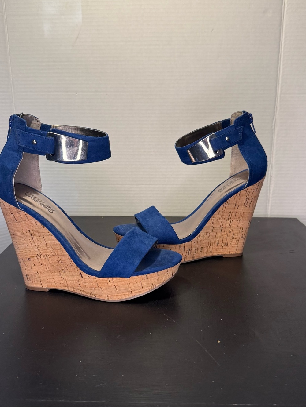 Blue Cork Wedge Sandals with Ankle Strap size 7 heels wedges blue buckle